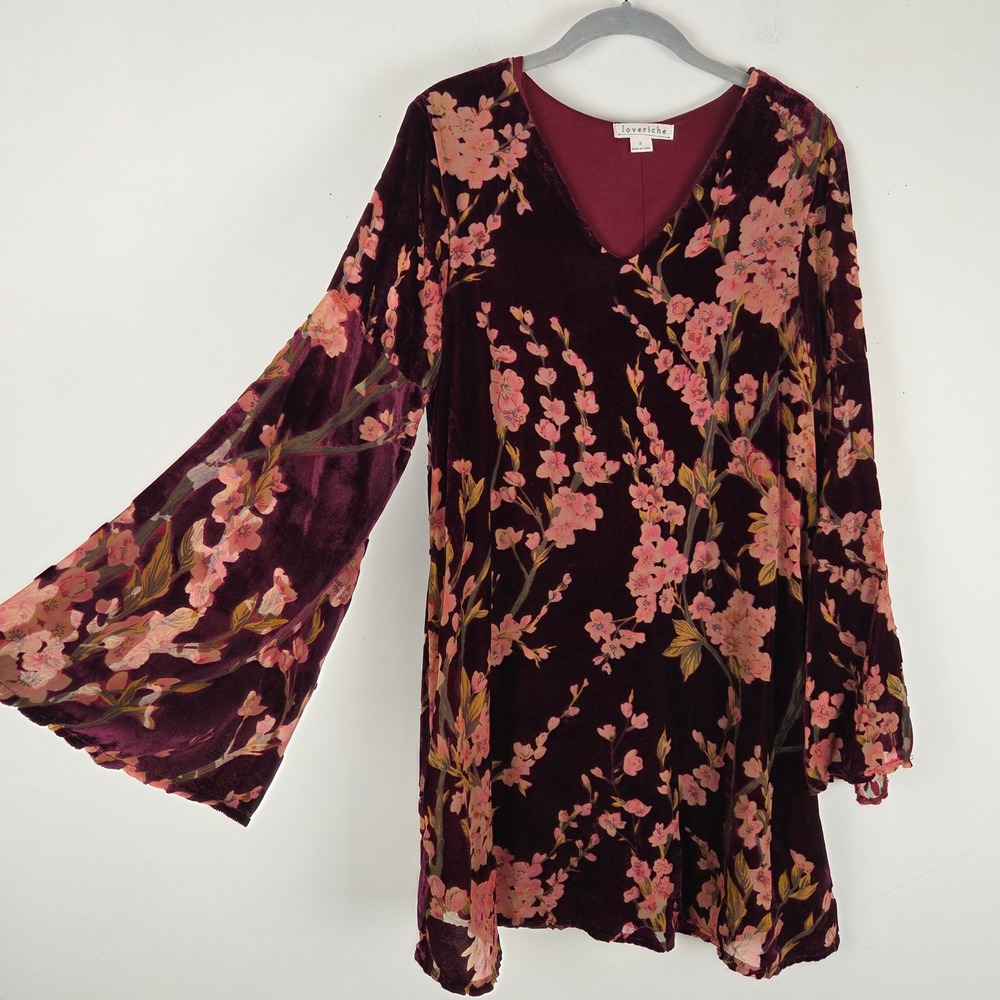 Loveriche Burgundy Floral Velvet Burnout Bell Sleeve Mini Dress S Boho Romantic